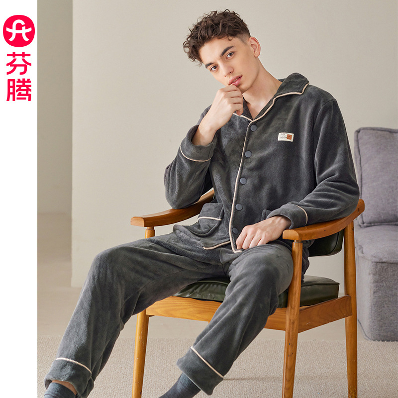 Fenton [Quick Warm Velvet] Autumn and Winter Pajamas Men's Warm Winter Thickened Velvet Can Be Weared Outside Flannel Home Clothes