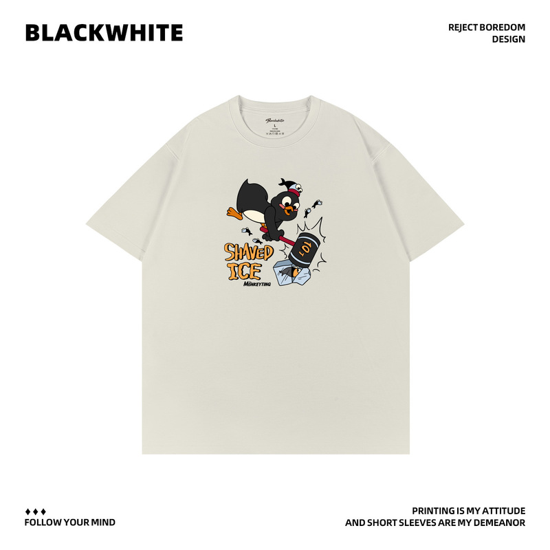 Cute and Funny Penguin Print T-Shirt for Men and Women, Loose Round Neck, Half-Sleeved, Casual Trendy Couple Style Top Q335