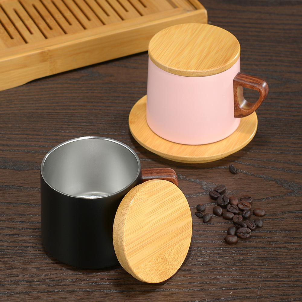 Taza de vacío de doble capa de acero inoxidable taza de oficina taza de café cubierta de bambú de madera Comercio exterior 304 aislamiento térmico vacío ins manejar