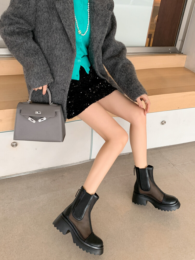 Boot ngắn nữ da bò mũi tròn đế dày thoáng khí khóa kéo sau — Màu đen, Màu mơ chi tiết 8