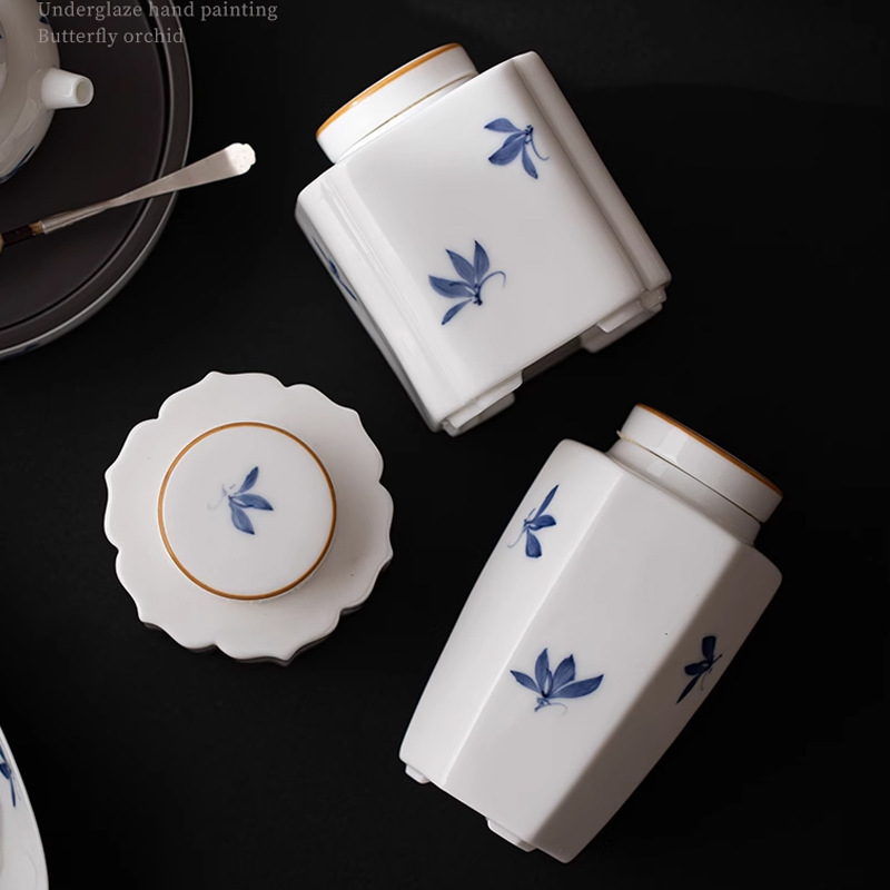 Ceramic Hand-painted Orchid Mini Small Tea Can Sealed Can Moisture-proof Portable Travel Tea Storage