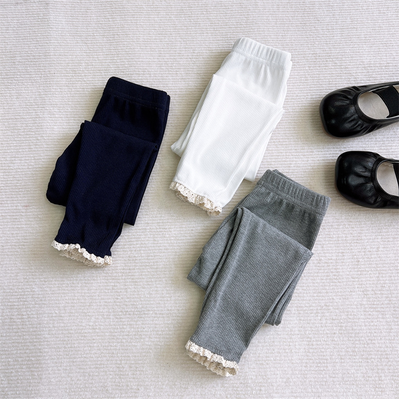 Girls' leggings, 2025 spring/autumn new Korean style versatile lace long pants, children's ribbed stretch leggings