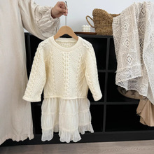 2025秋冬新款童装韩版女童麻花毛衣拼接网纱连衣裙儿童毛线公主裙