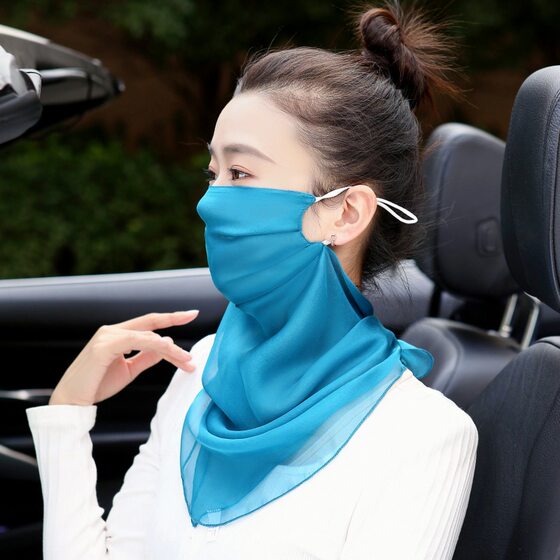 100% mulberry silk silk veil breathable mask neck protection integrated female sunscreen mask summer thin silk scarf sunshade shawl