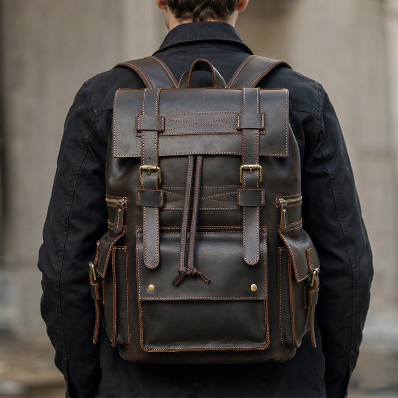 Men's Genuine Leather Large Capacity Backpack Retro Crazy Horse Leather Backpack Top Leather Cowhide Outdoor Travel Bag