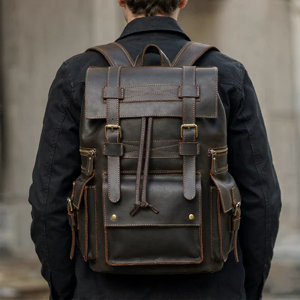 Men's Genuine Leather Large Capacity Backpack Retro Crazy Horse Leather Backpack Top Leather Cowhide Outdoor Travel Bag