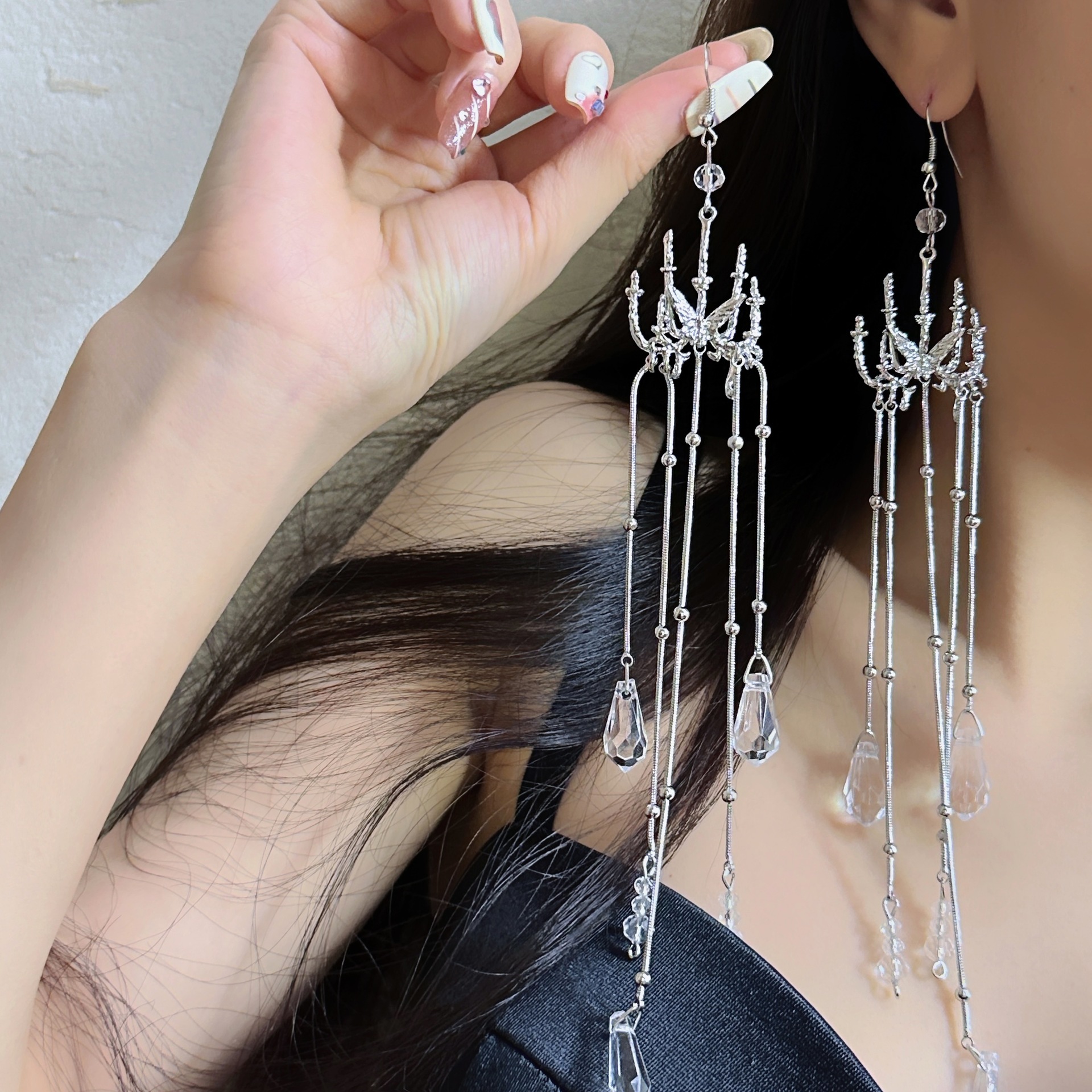 《靈蝶燭台》重工耳鈎 流蘇白水晶水滴百搭氣質長款耳飾耳環氣質