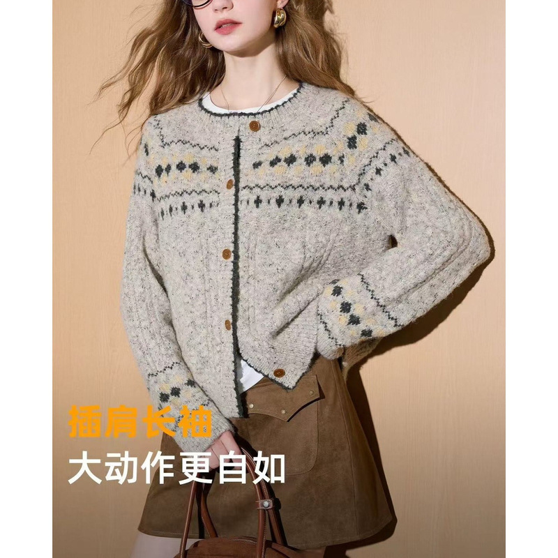 [3-Color Cream Knitwear] 2025 New Winter Merino Wool Fair Isle Cardigan Jacket for Women