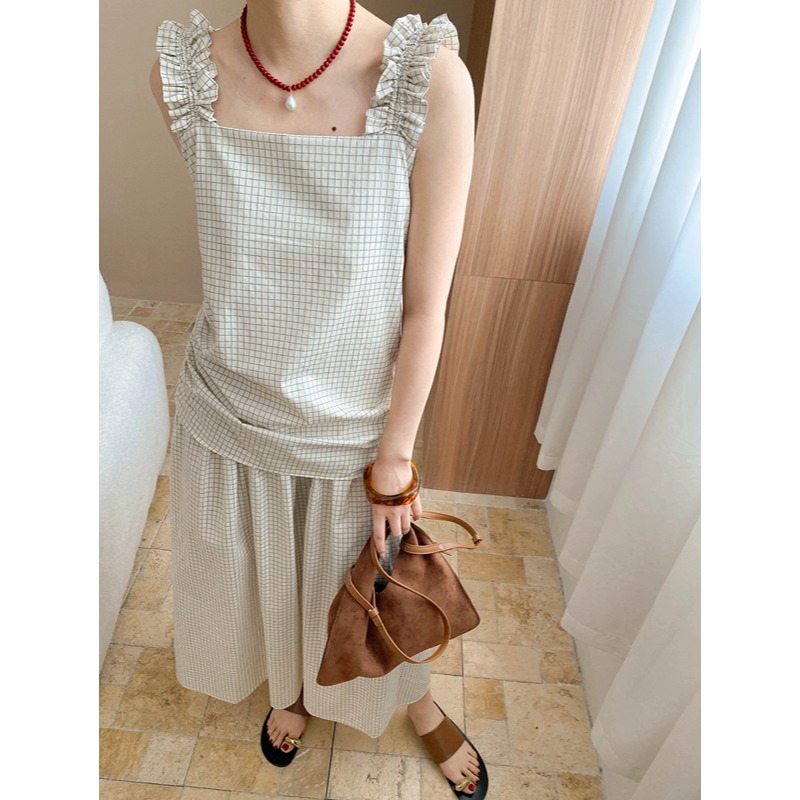 司南小众设计师款复古棉麻吊带假两件设计感格纹连衣裙