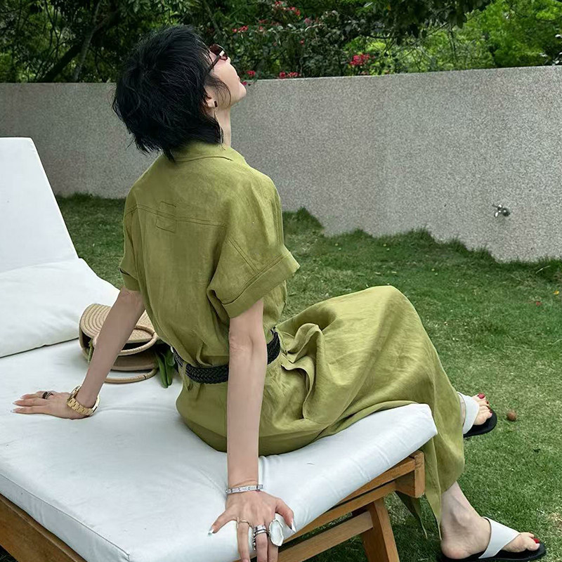 French Green Short-Sleeved Shirt Dress for Women 2026 Spring New Style High-End Elegant Light Luxury Waist-Cinching Long Skirt French Green Short-Sleeved Shirt Dress for Women 2026 Spring New Style High-End Elegant Light Luxury Waist-Cinching Long Skirt