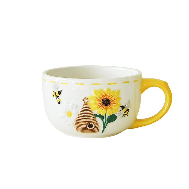 Primavera abejas girasol elfo taza de desayuno taza de cerámica taza de agua en relieve taza linda