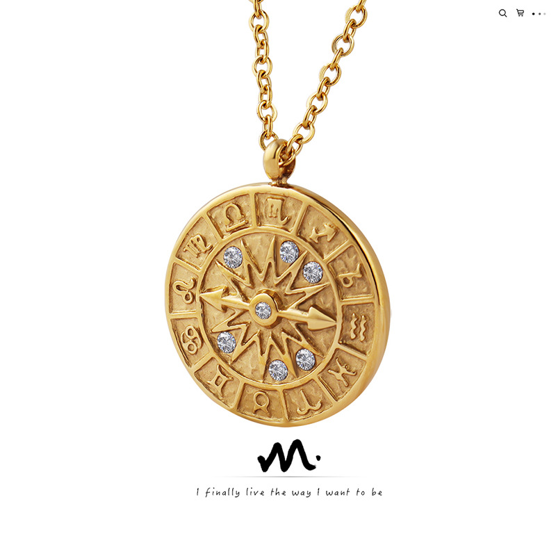 Estilo europeo y americano retro ronda marca con incrustaciones de circón en relieve constelación dial hora mano colgante collar titanio acero 18K oro