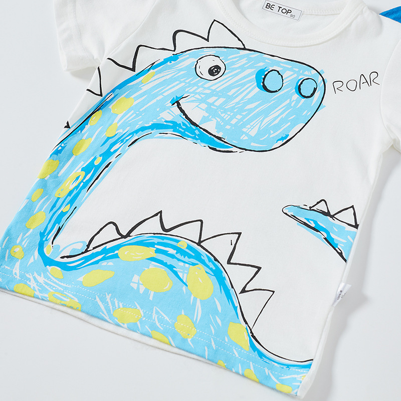 Dinosaurios personalizados de dibujos animados ropa de verano para niños bebés camisetas coreanas de manga corta ropa infantil de algodón al por mayor muestras
