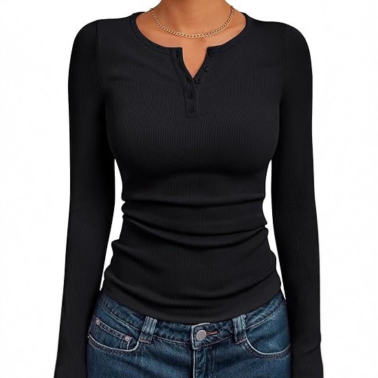 Amazon Fashion Women's Long Sleeve 2026 Autumn Slim Fit Henley Neck Top Ribbed Fashion Basic T-Shirt