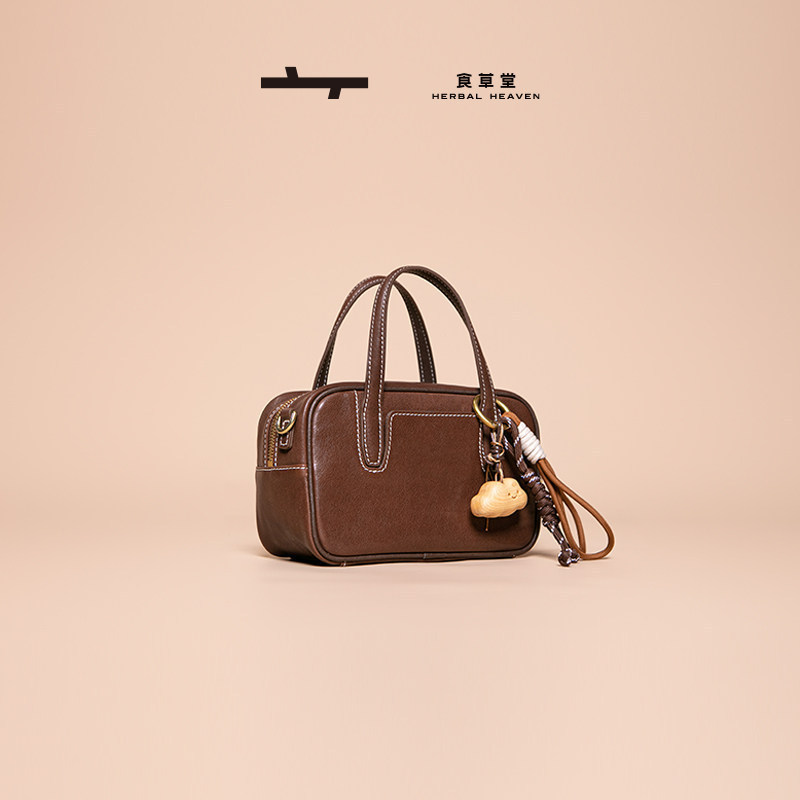 Zhao Zhaoyi's Same Style Shicatang Sugar Cube Bowling Bag, First-Layer Vegetable-Tanned Leather Handbag, Crossbody Shoulder Bag, Boston Bag