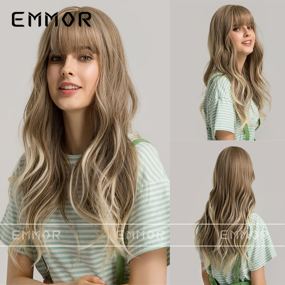 Comercio exterior transfronterizo en stock Amazon europeo y americano de fibra química pelo recto Bangs gris marrón largo rizado peluca cabeza cubierta hembra