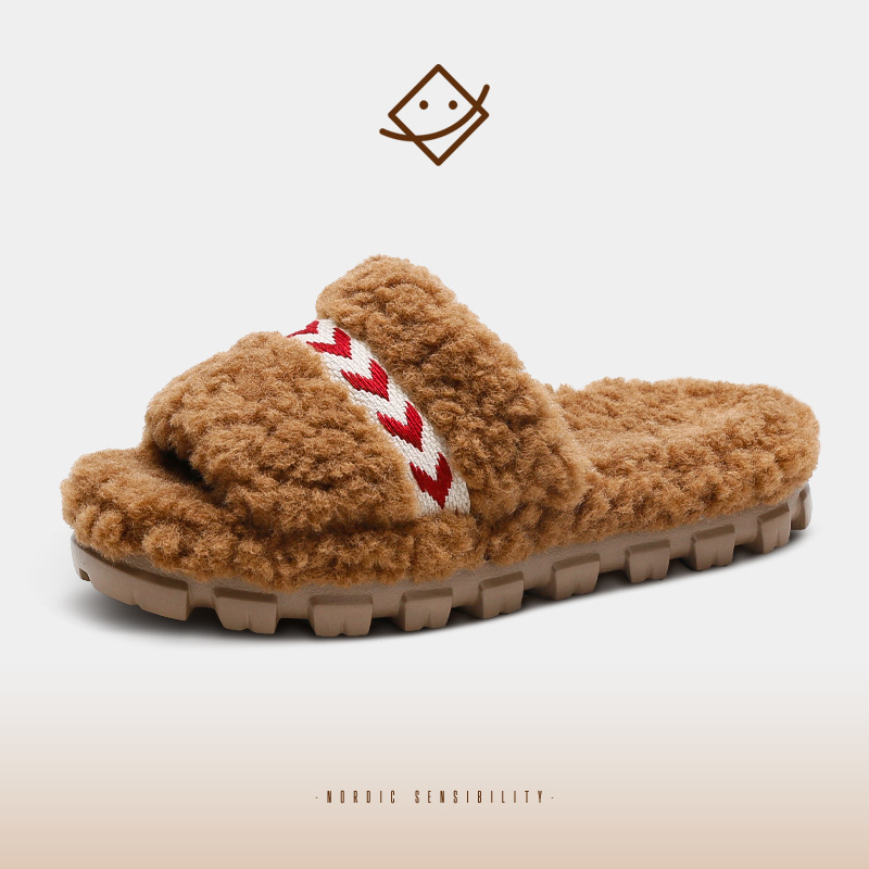 2025 Autumn and Winter New Trendy Brand U Style Outdoor Teddy Stuffed Furry Slippers Women's Petty Bourgeoisie Women's Waterproof Anti-Slip Fur Slippers