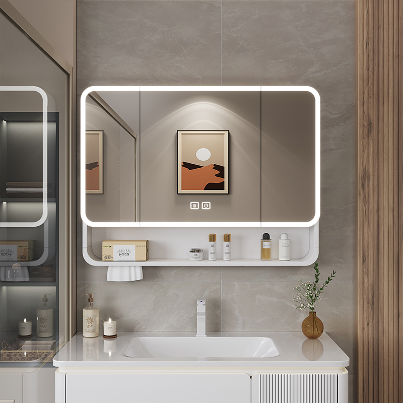 Space Aluminum Arc Smart Bathroom Mirror Cabinet Aluminum Alloy Mirror Box Bathroom Wall-Mounted Storage Locker with Light Mirror
