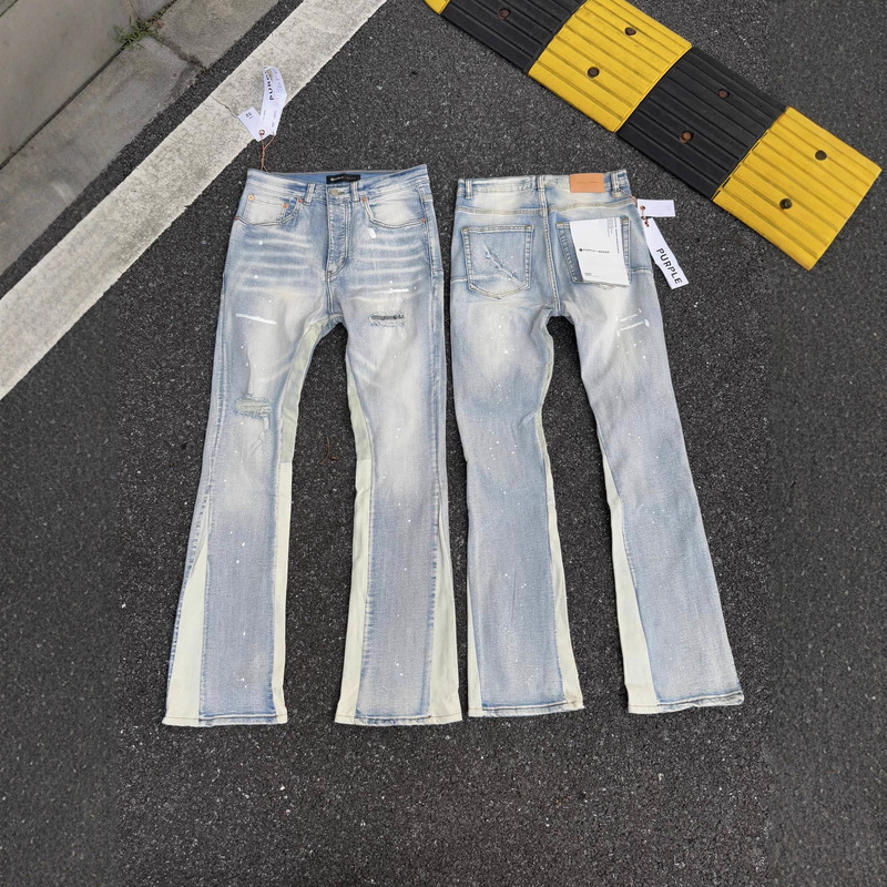 Purple Brand Patchwork Straight-Leg Micro-Elastic Jeans Retro Distressed Splash-Ink Ripped Cross-Border Denim Pants