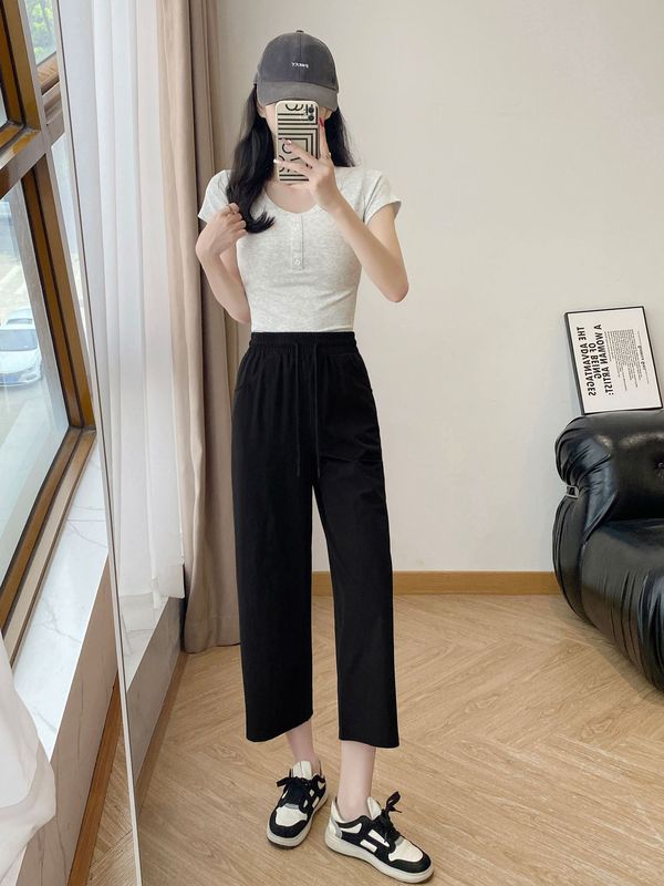 春夏の新作ハイウエスト伸縮性ウエスト9点ハーレムパンツ、ゆったり、スリム、ファッショナブル、シンプル、多用途、カジュアルガールズパンツ|undefined