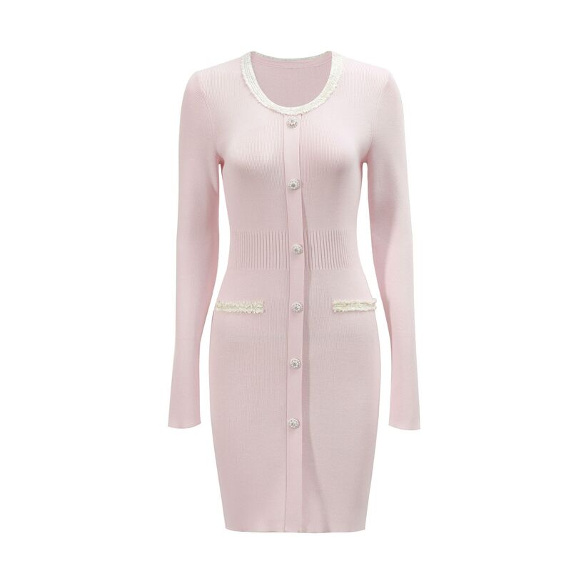 Spring Collection Women's Sweet Pearl Chain Lace Embellished Floral Yarn Knit Dress Versatile Slimming Chanel-Style