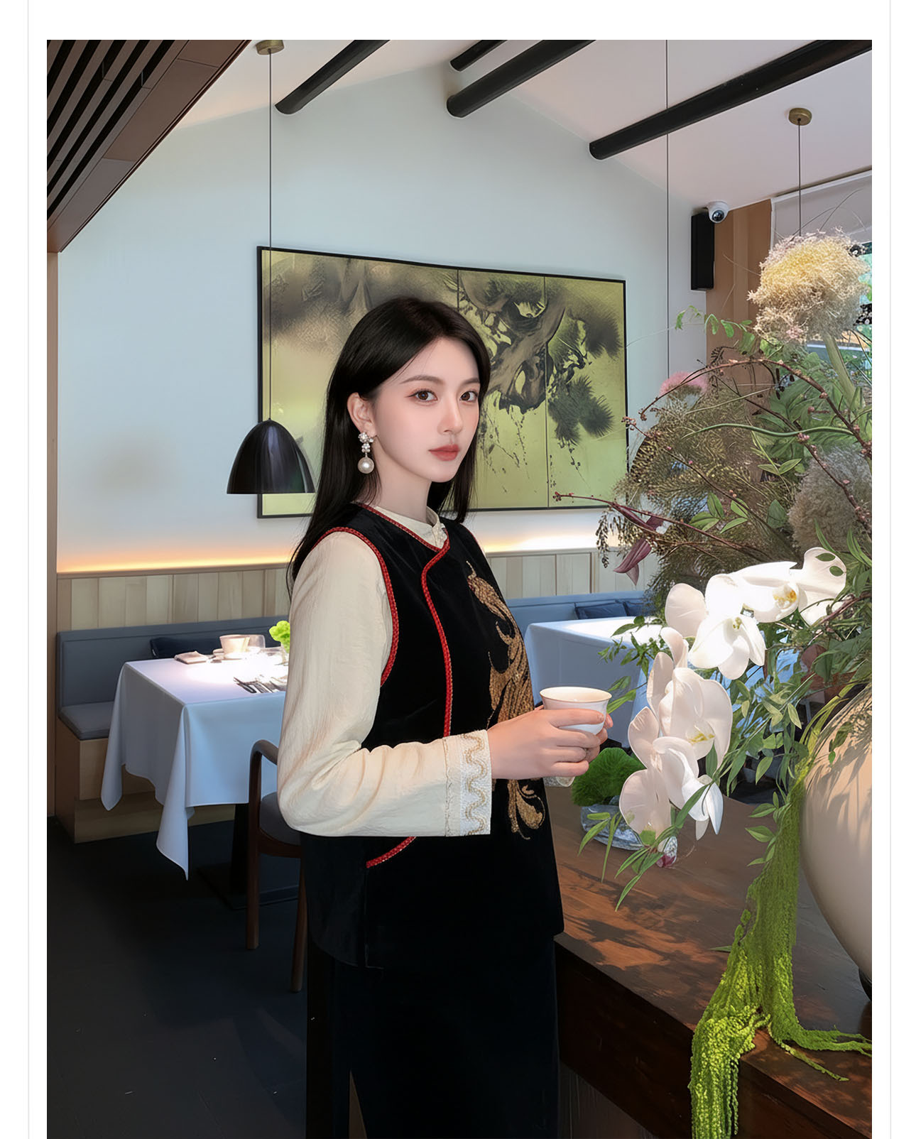 Bộ áo khoác không tay và chân váy nữ phong cách tân cổ điển thêu hoa — Đen nửa váy, Áo khoác đen chi tiết 5