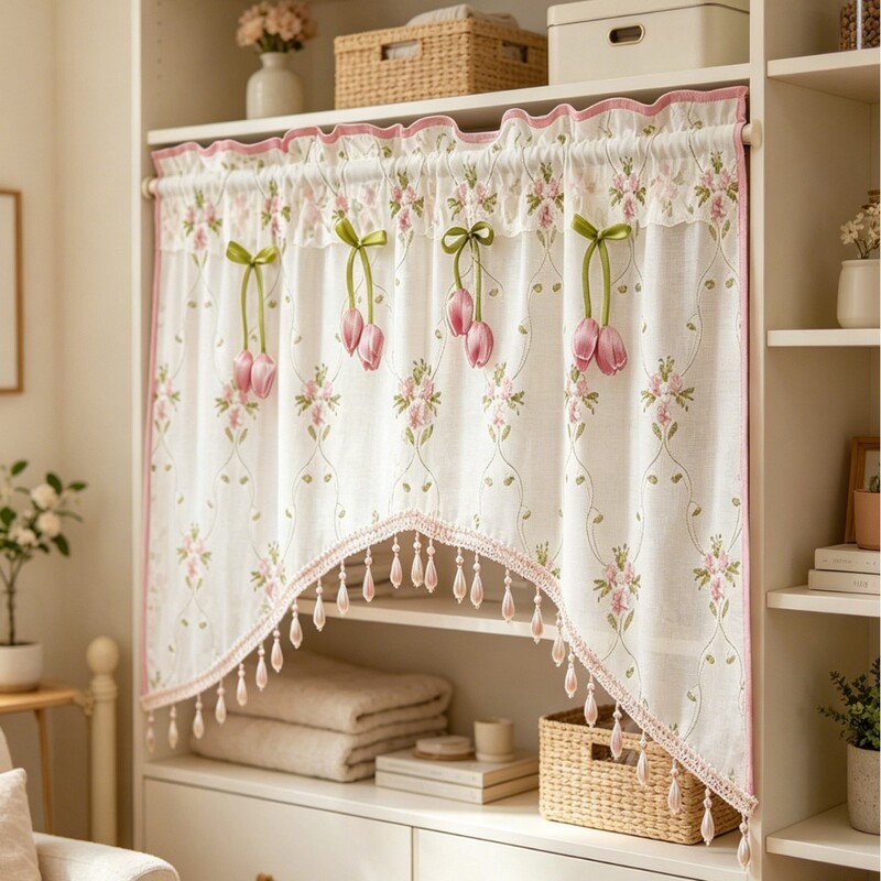 1Pc Amazon's New Style Gauze Beaded Short Curtain, Window Curtain for Living Room and Bedroom Decoration, Light-Transmitting but Not See-Through