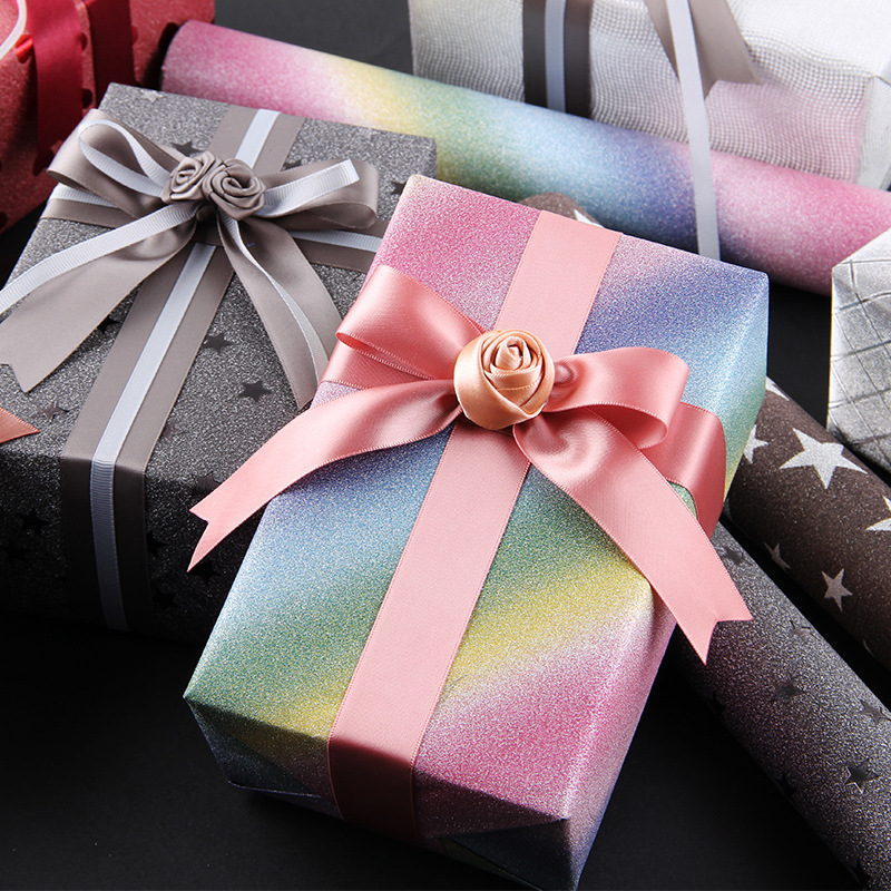 Papel especial de Amazon, papel brillante, papel de regalo, papel con purpurina, papel recubierto con película multicolor, papel de regalo al por mayor, recuerdos