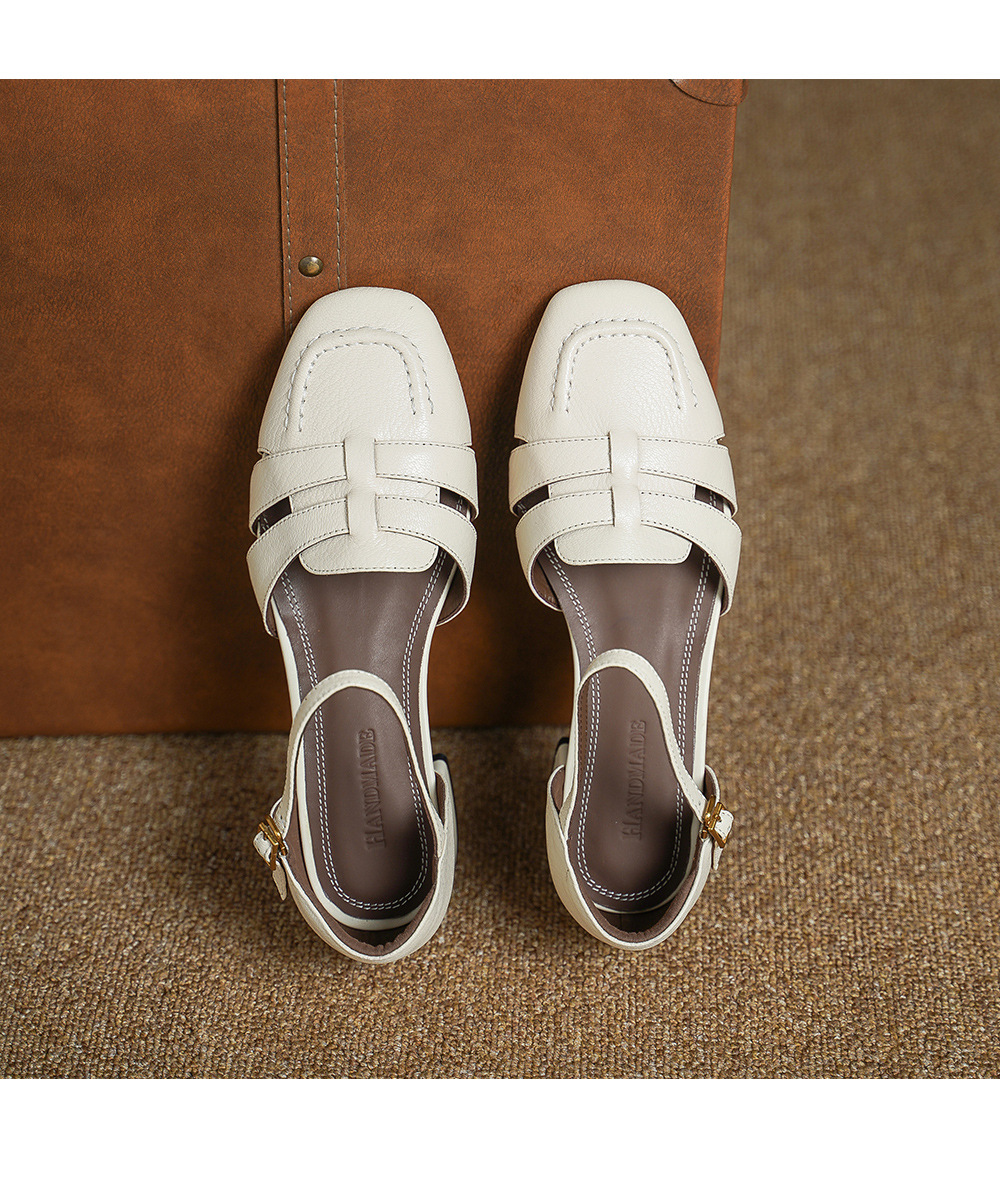 Sandal nữ da cừu mũi nhọn quai khóa gót thô 9 cm — đen chi tiết 13