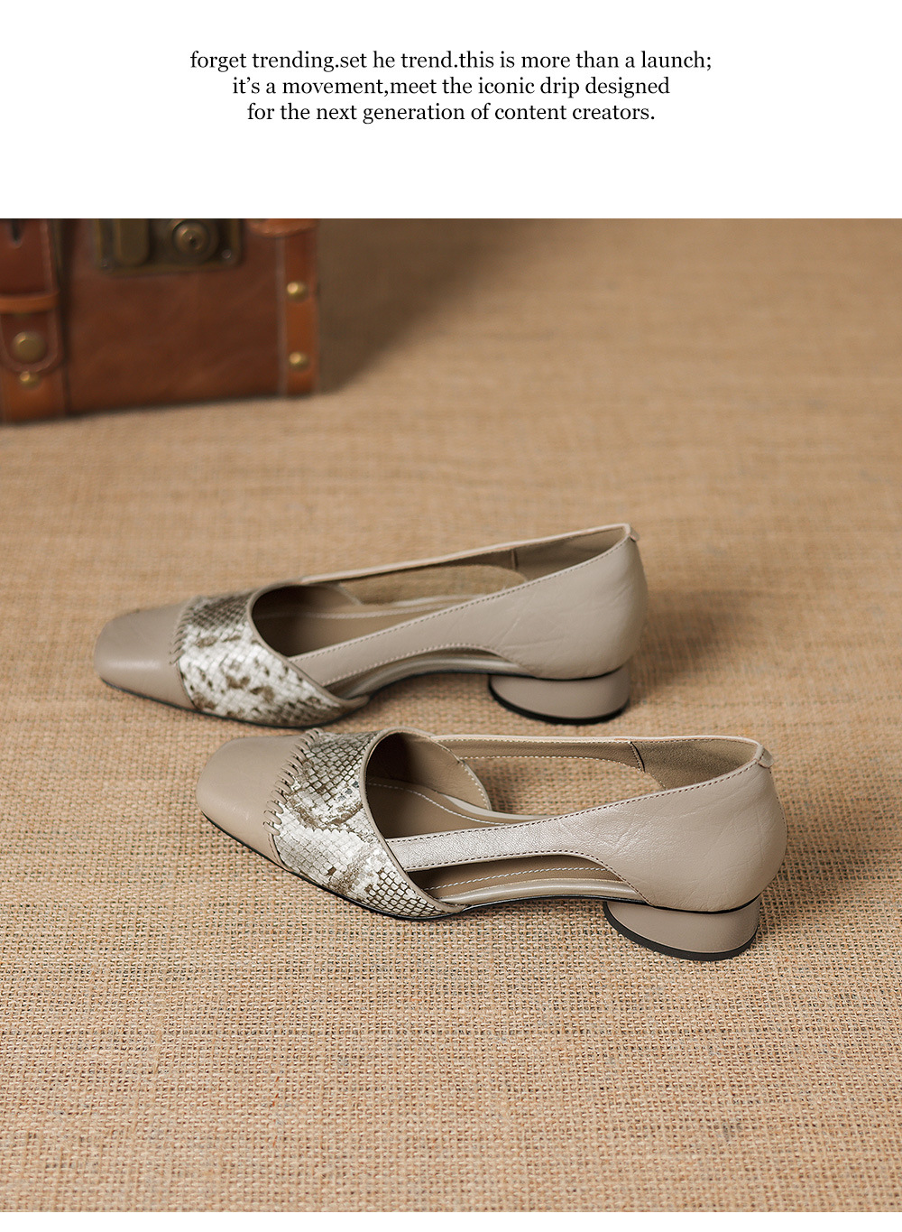 Sandal nữ mũi vuông gót thấp 3 cm da cừu phối màu họa tiết rỗng — đen chi tiết 21