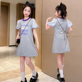 女童夏季连衣裙新款2025中大童洋气韩版泡泡袖裙子儿童卫衣t恤裙