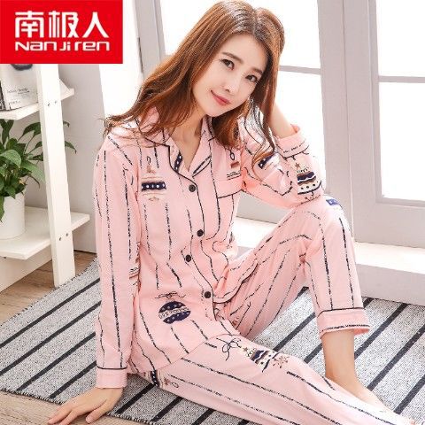 Pijamas de primavera y otoño de las mujeres más el tamaño % de algodón de manga larga traje de dos piezas Otoño e Invierno Delgado se puede usar fuera de casa