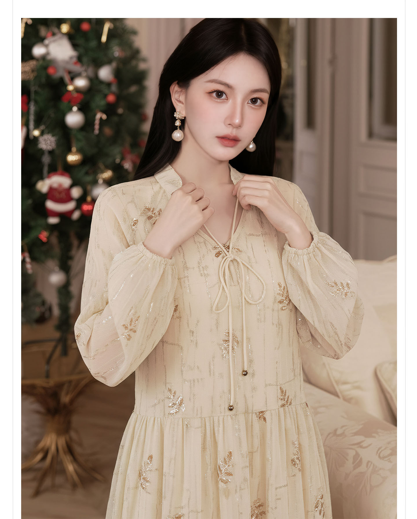 Đầm maxi nữ tay dài thiết kế eo thon phong cách tiểu thư sang trọng — màu mơ chi tiết 5