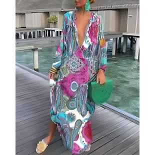 Autumn V-neck loose long-sleeved printed dresses for women