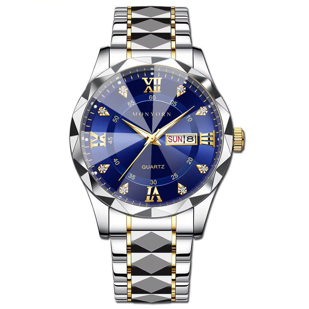 Men's Watch with Luminous Diamond-Shaped Pointed Glass, Dual Calendar, Trendy Casual Wristwatch, New Model for Men, Tiktok Live Cross-Border