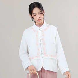 2025新款亚麻刺绣短款外套女文艺新中式纯色立领宽松长袖开衫上衣