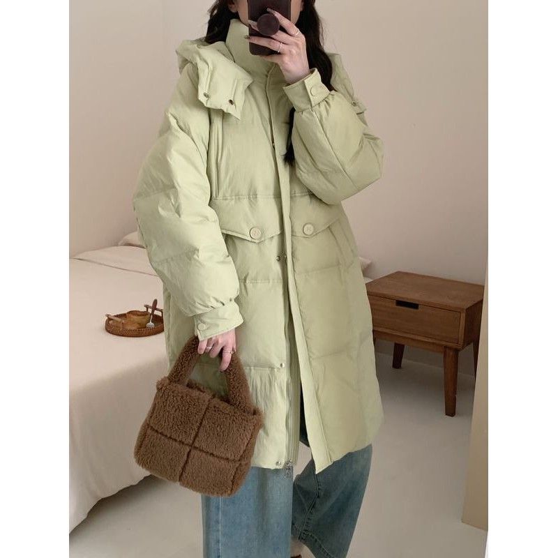 Korean Style Loose Hooded down Jacket for Women Mid-Length Winter New Style Large Buttons Thickened Warm White Duck down Jacket Korean Style Loose Hooded down Jacket for Women Mid-Length Winter New Style Large Buttons Thickened Warm White Duck down Jacket
