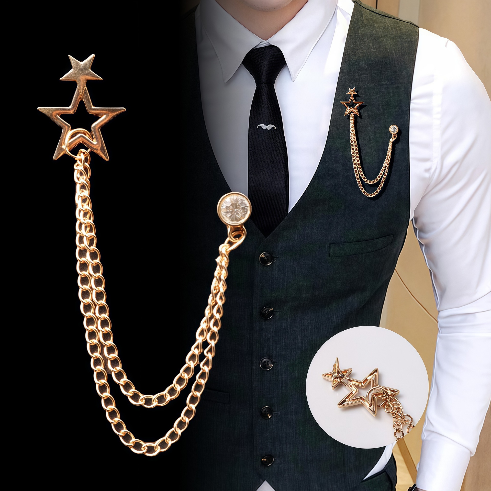 日韩个性配饰五角星胸针双五星男女西装胸针女衬衫领扣衣领链百搭