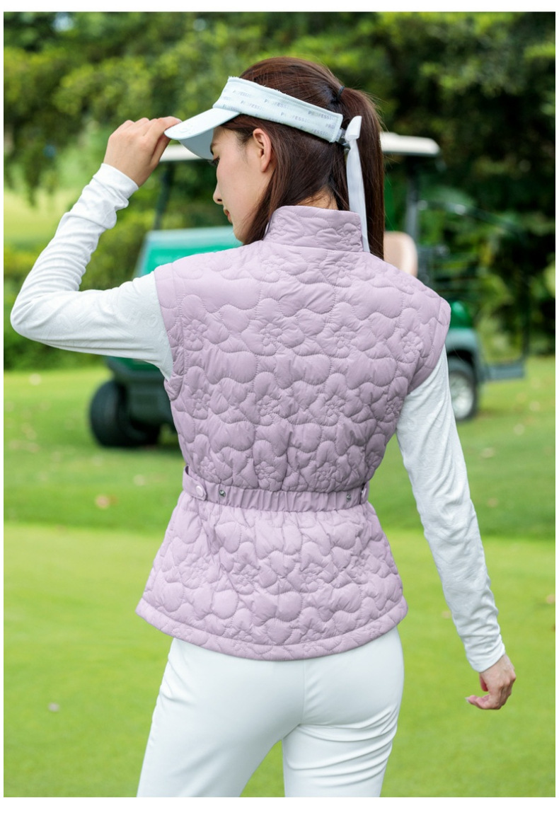 Áo vest khoác nữ thể thao golf chần bông cổ đứng khóa kéo — Áo vest trắng [eo có thể điều chỉnh/cổ áo đứng có khóa kéo/lót chần bông] YF856 chi tiết 17