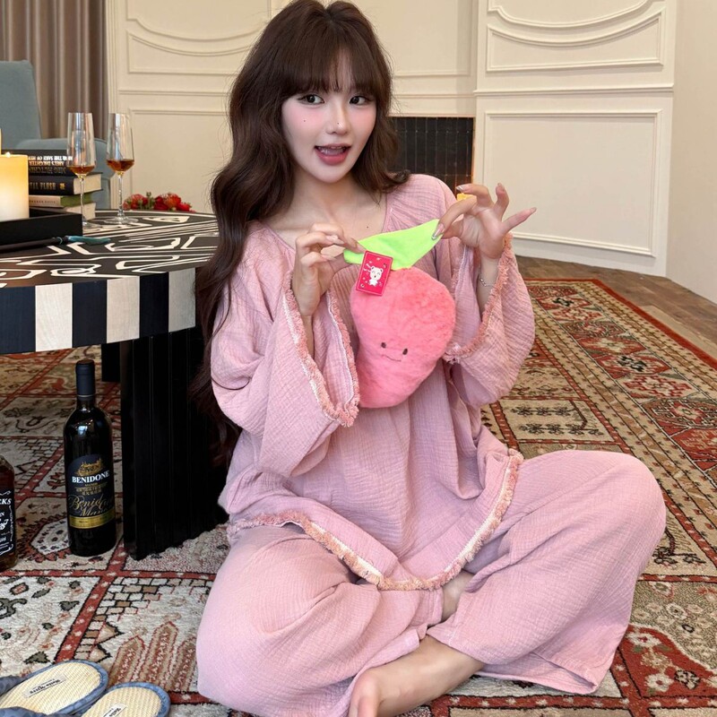 New Spring Pure Cotton Pajamas for Women, Spring and Summer Long-Sleeved Long Pants Set, Pure Color Casual Loose-Fitting Home Wear