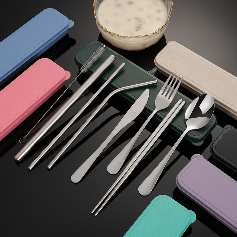 Cross-Border Portable Tableware Knife, Fork, Spoon, Spoon, Chopstick Set, Straw 7-Piece Set, Stainless Steel Tableware Set, Spoon and Chopsticks Cross-Border Portable Tableware Knife, Fork, Spoon, Spoon, Chopstick Set, Straw 7-Piece Set, Stainless Steel Tableware Set, Spoon and Chopsticks