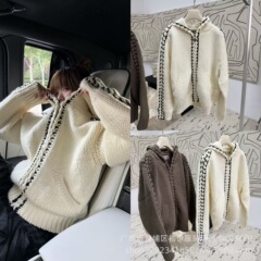 高版本~Opeyy25新款慵懒风手工粗针撞色连帽开衫外套男女同款毛衣