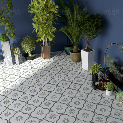 300X300北欧复古小花砖 餐厅民宿防滑地砖卫生间绿色拼花印花瓷砖|ru