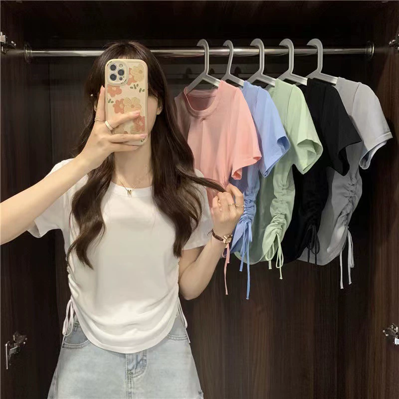 Короткая футболка с круглым вырезом на шнурке, Женский пуловер, Женский Летний Новый маленький дизайн, милый, стройнящий с коротким рукавом