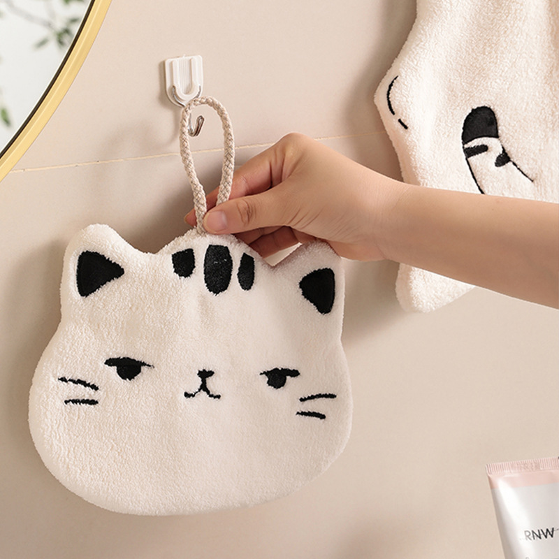 Cartoon towel can be hung non-stinky kitchen bathroom cute cat absorbent increased thick coral fleece towel