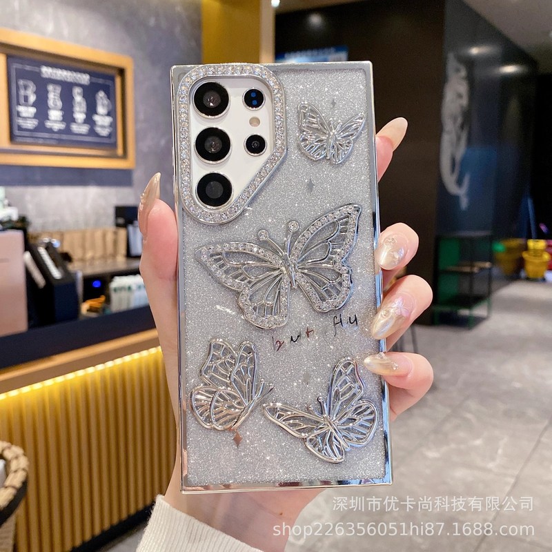 フラッシュダイヤモンド立体蝶サムスン S25UItra 電気メッキ携帯電話ケース S24 グラデーショングリッター A26 オールインクルーシブシース|undefined