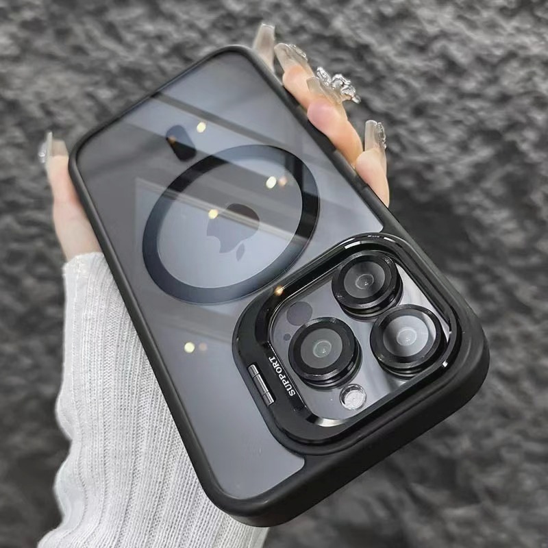 越境対応 Apple 17promax 携帯電話ケース iPhone16 マグネット式レンズスタンド 15 アクリル製耐衝撃カバー|undefined