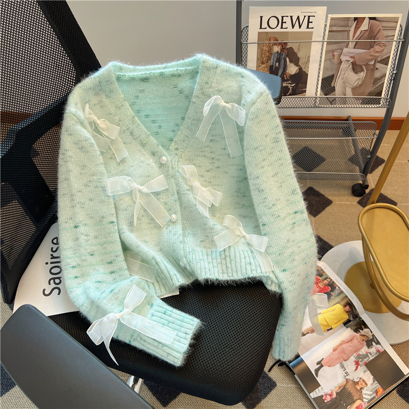 韩系chic秋冬女装温柔风软糯针织开衫短款V领蝴蝶结装饰长袖毛衣|undefined