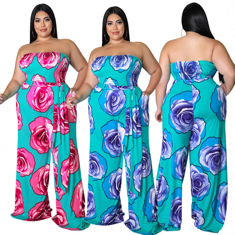 MY900跨境大码女装 夏季新款打揽清凉无袖玫瑰花抹胸款连体裤
