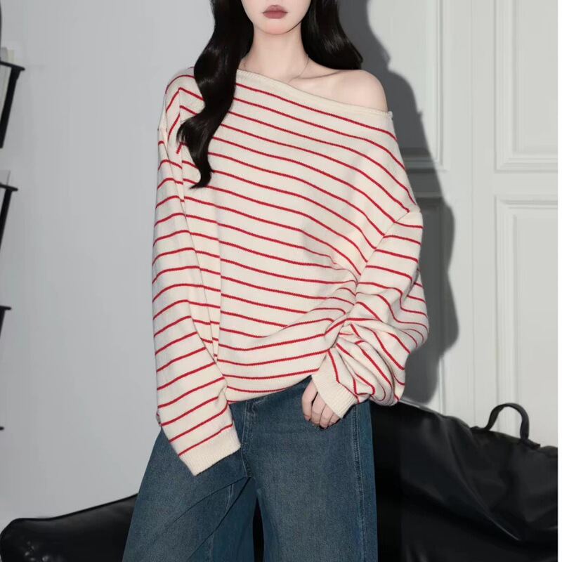 Forever21 super stylish color-blocked red striped off-shoulder long-sleeve knit sweater for women, Korean style, off-shoulder, loose-fitting, trendy Forever21 super stylish color-blocked red striped off-shoulder long-sleeve knit sweater for women, Korean style, off-shoulder, loose-fitting, trendy
